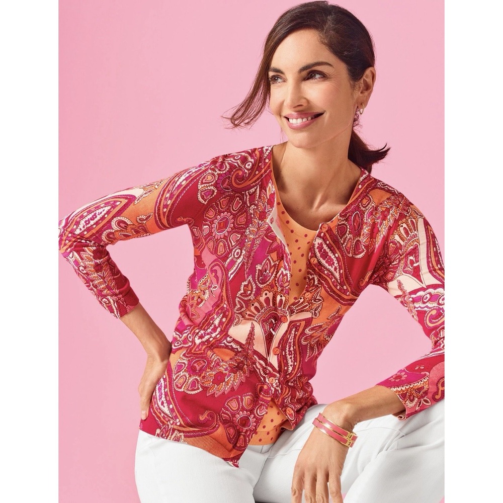 Talbots Top Womens XS Pink Orange Paisley 3/4 Sleeve Cardigan Sweater‎ Spring